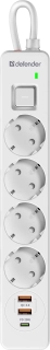 Сетевой фильтр Defender DFS 141 - 1.5м, 4 розетки, 2хUSB-A, 1хUSB-C, белый