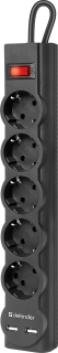 Сетевой фильтр Defender DFS 751 - 1.8м, 5 розеток, 2хUSB-A, черный