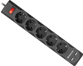 Сетевой фильтр Defender DFS 751 - 1.8м, 5 розеток, 2хUSB-A, черный