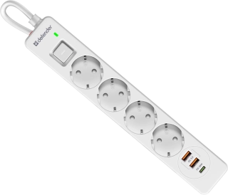 Сетевой фильтр Defender DFS 141 - 1.5м, 4 розетки, 2хUSB-A, 1хUSB-C, белый